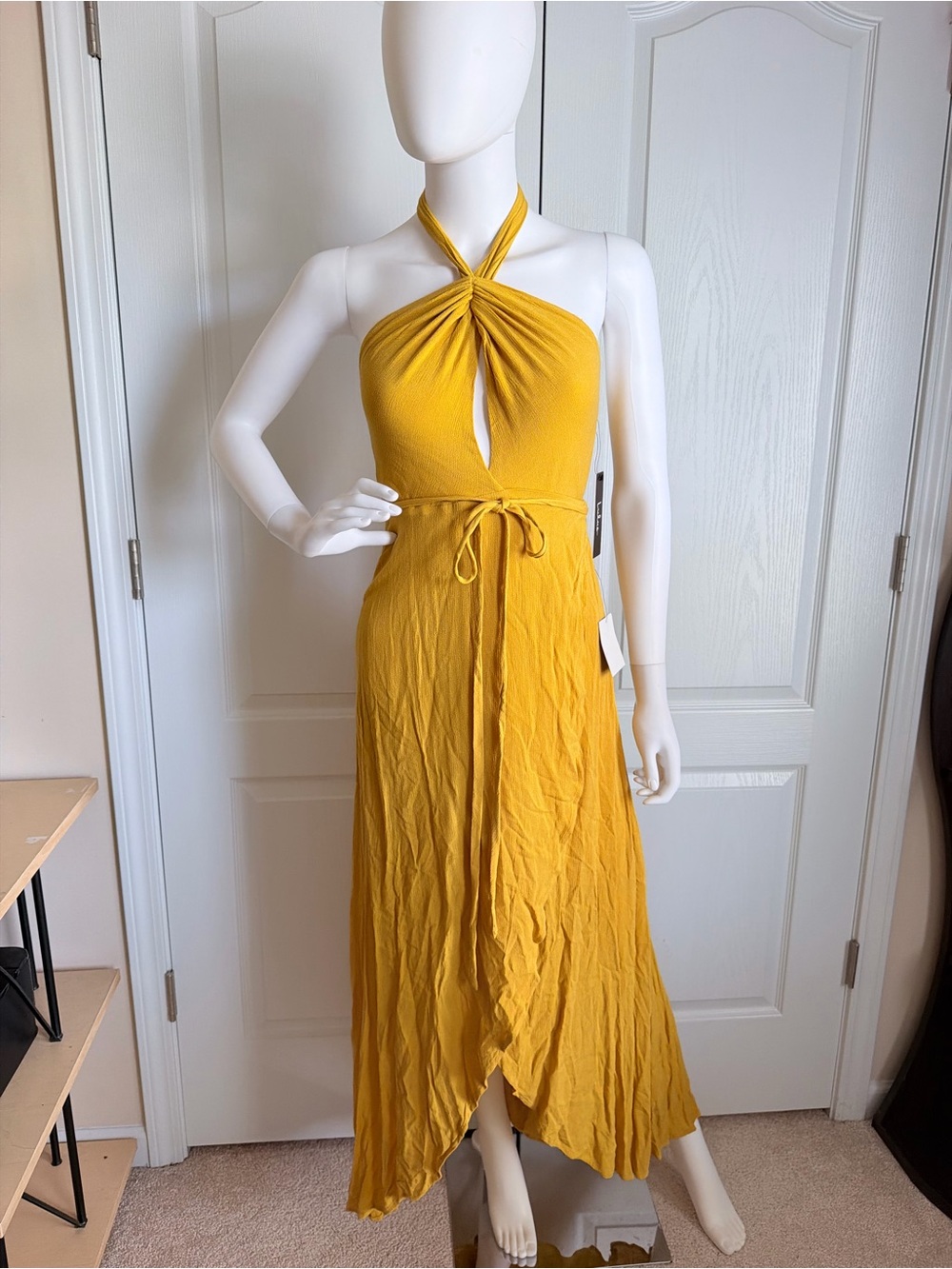 New Lulu's Marisha Golden Yellow Halter Wrap Midi Dress Size L